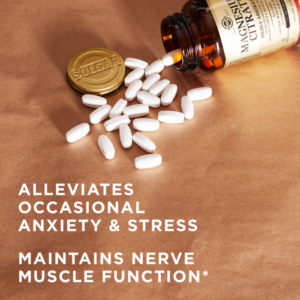 An amber bottle of Solgar's Magnesium Citrate tablets on a surface. Text reads "alleviates occassional anxiety and stress. Maintains nerve and muscle function*"