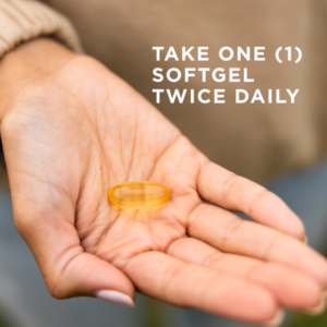 A clear softgel of Solgar's Triple Strength Omega-3. Text reads: "Take one softgel daily."