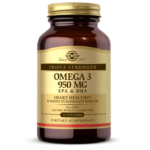 An amber glass bottle bottle of Solgar's Triple Strength Omega-3 950mg Softgels on a white backdrop.