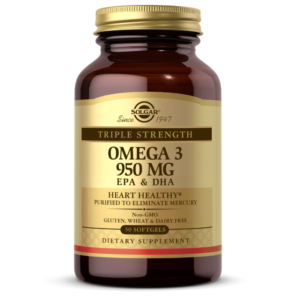 An amber glass bottle bottle of Solgar's Triple Strength Omega-3 950mg Softgels on a white backdrop.