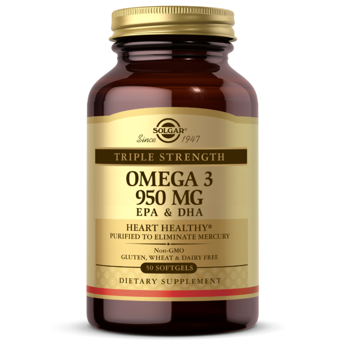 An amber glass bottle bottle of Solgar's Triple Strength Omega-3 950mg Softgels on a white backdrop.