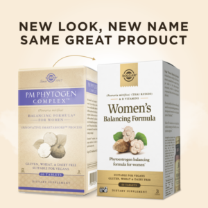 An image of a box of Solgar's Women's Balancing Formula compared to the old packaging of Solgar PM Phytogen Complex. The text on image reads, "New look, new name, same great formula."
