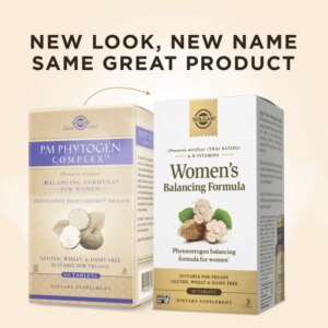 An image of a box of Solgar's Women's Balancing Formula compared to the old packaging of Solgar PM Phytogen Complex. The text on image reads, "New look, new name, same great formula."