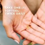 A softgel of Solgar's Vitamin D3 (Cholecalciferol) held on the palm of a person's upturned hands. Text reads "Take one softgel daily"