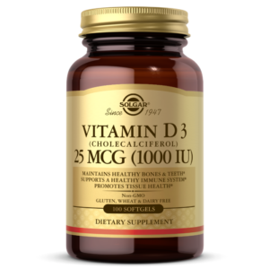 An amber glass bottle of Solgar's Vitamin D3 Cholecalciferol 1,000 IU softgels on a white backdrop.