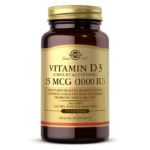 An amber glass bottle of Solgar's Vitamin D3 Cholecalciferol 1,000 IU softgels on a white backdrop.