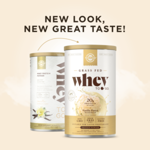 A comparison showing the old design of Solgar's Whey To Go® vanilla-flavored protein powder and a new, adjusted version. Text overlaid reads "New look, same great taste!"