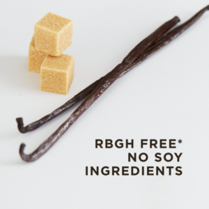 Three brown sugar cubes and two sticks of vanilla sit on a counter next to a container of Solgar's Whey To Go® protein powder in Vanilla flavor. Text overlaid reads "rGBH free*, no soy ingredients."