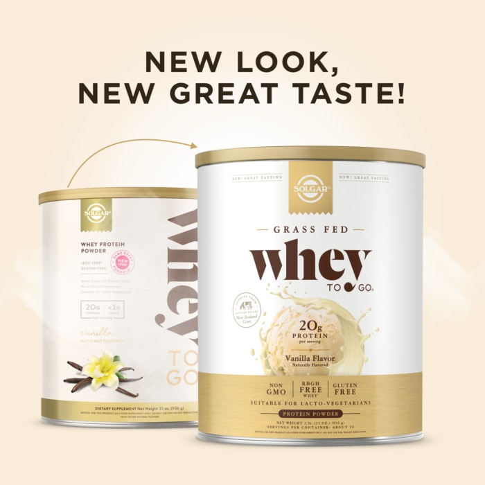 A comparison showing the old design of Solgar's Whey To Go® vanilla-flavored protein powder and a new, adjusted version. Text overlaid reads 