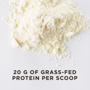 A loose pile of Solgar's Whey To Go® Protein Powder in Vanilla flavor on a counter. Text reads "20 grams of grass-fed protein per scoop."