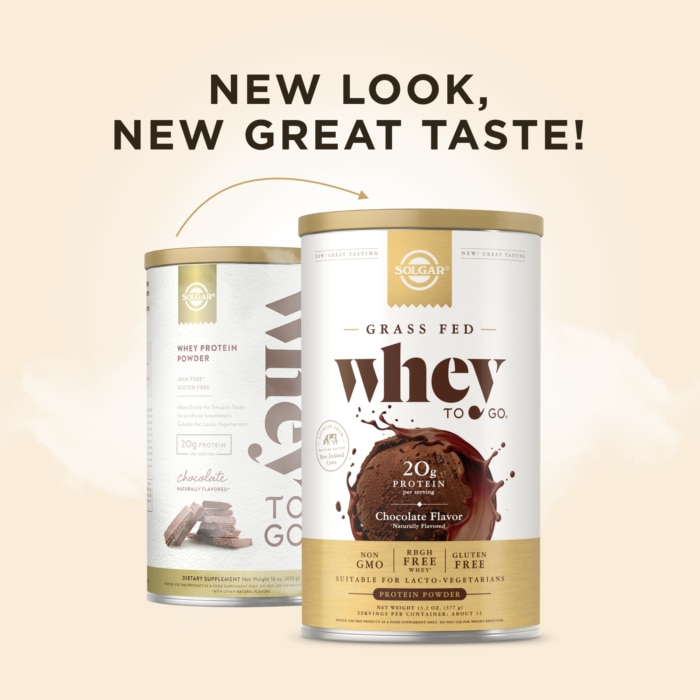 A comparison showing the old design of Solgar's Whey To Go® chocolate-flavored protein powder and a new, adjusted version. Text overlaid reads 