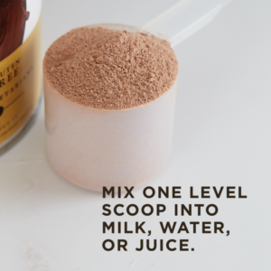 A cup of Solgar's Whey To Go® Protein Powder in Chocolate flavor sits on a counter. Text overlaid reads "Mix one level scoop into milk, water, or juice."