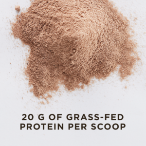 A loose pile of Solgar's Whey To Go® Protein Powder in Chocolate flavor on a counter. Text reads "20 grams of grass-fed protein per scoop."