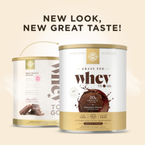 A comparison showing the old design of Solgar's Whey To Go® chocolate-flavored protein powder and a new, adjusted version. Text overlaid reads "New look, same great taste!"