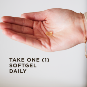 A softgel of Solgar's Vitamin D3 (Cholecalciferol) held on the palm of a persons hand. Text reads "Take one softgel daily"