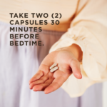 An outstretched hand holds two Solgar Sleep and Stress Support vegetable capsules. Text reads 
