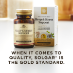 An amber glass bottle of Solgar's Sleep and Stress Support sits on a kitchen counter next to it's outer packaging. Text overlaid reads 