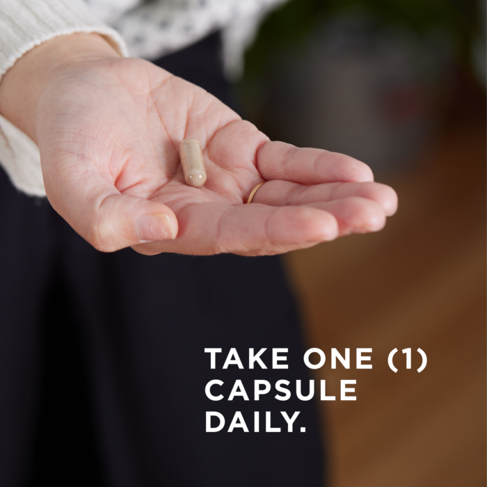 One of Solgar's Earth Source Koji Fermented Zinc Vegetable Capsules in the palm of a hand. Text reads 'take one capsule daily.'