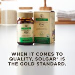 A bottle of Solgar's Earth Source Koji Fermented Zinc Vegetable Capsules next to its outer cardboard packaging on a clean surface. Text overlaid reads 'when it comes to quality, Solgar is the gold standard.'