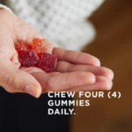 Four of Solgar's Adult Vitamin C Gummies in the palm of a hand. Text reads 'chew four gummies daily.'