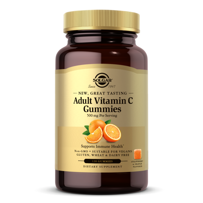 A golden bottle of Solgar Adult Vitamin C Gummies, with immune-boosting Vitamin C, on a white background.