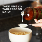 A bottle of Solgar's Liquid Calcium Magnesium Citrate with Vitamin D3 - Natural Strawberry Flavor pouring into a spoon held above a bowl of oats. Text reads "take one tablespoon daily"