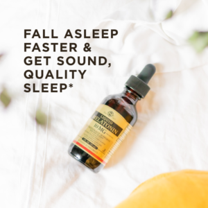A bottle of Solgar's Liquid Melatonin 10 mg - Natural Black Cherry Flavor lays on it's back on a white marble surface. Text reads "fall asleep faster and get sound, quality sleep*"
