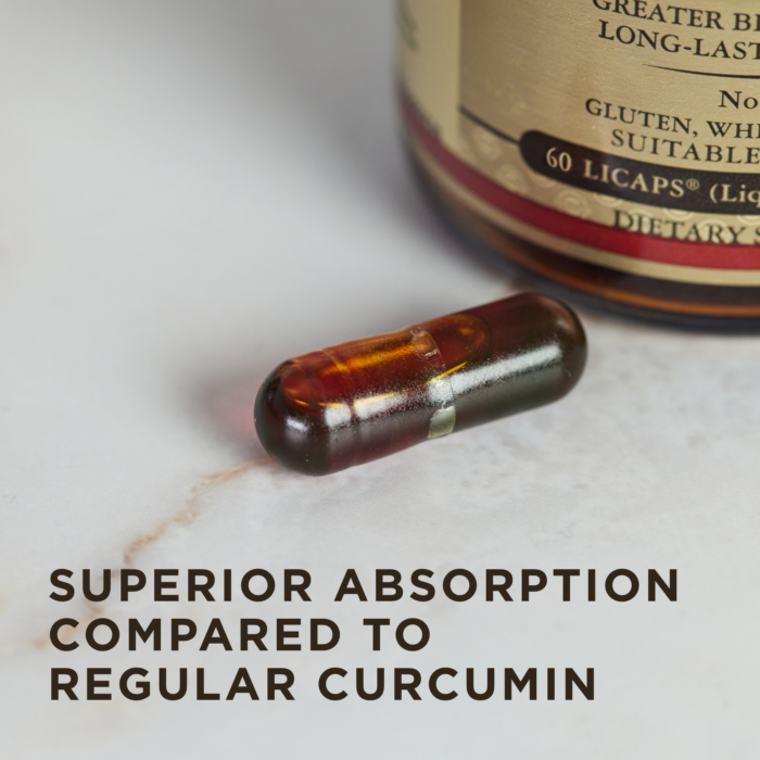 A bottle of Solgar's Full Spectrum Curcumin Liquid Extract Softgels with the sunlight highlighting its amber color. Text reads "supports brain, joint, and immune system health"