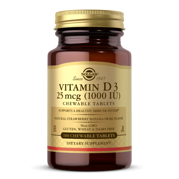 Vitamin D3 (Cholecalciferol) 25 mcg (1000 IU) Chewable Tablets – Natural Strawberry Banana Swirl Flavor